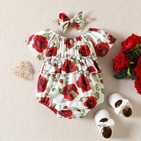 Baby Girls Romper Floral Ruffled Infant Bodysuit + Headband 2PC 3-6mo - Picture 3 of 4